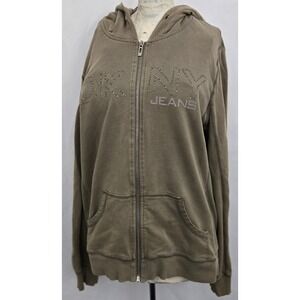Vintage DKNY JEANS Y2K Rhinestone Full Zip Hoodie XL‎ Olive Green Studded Retro
